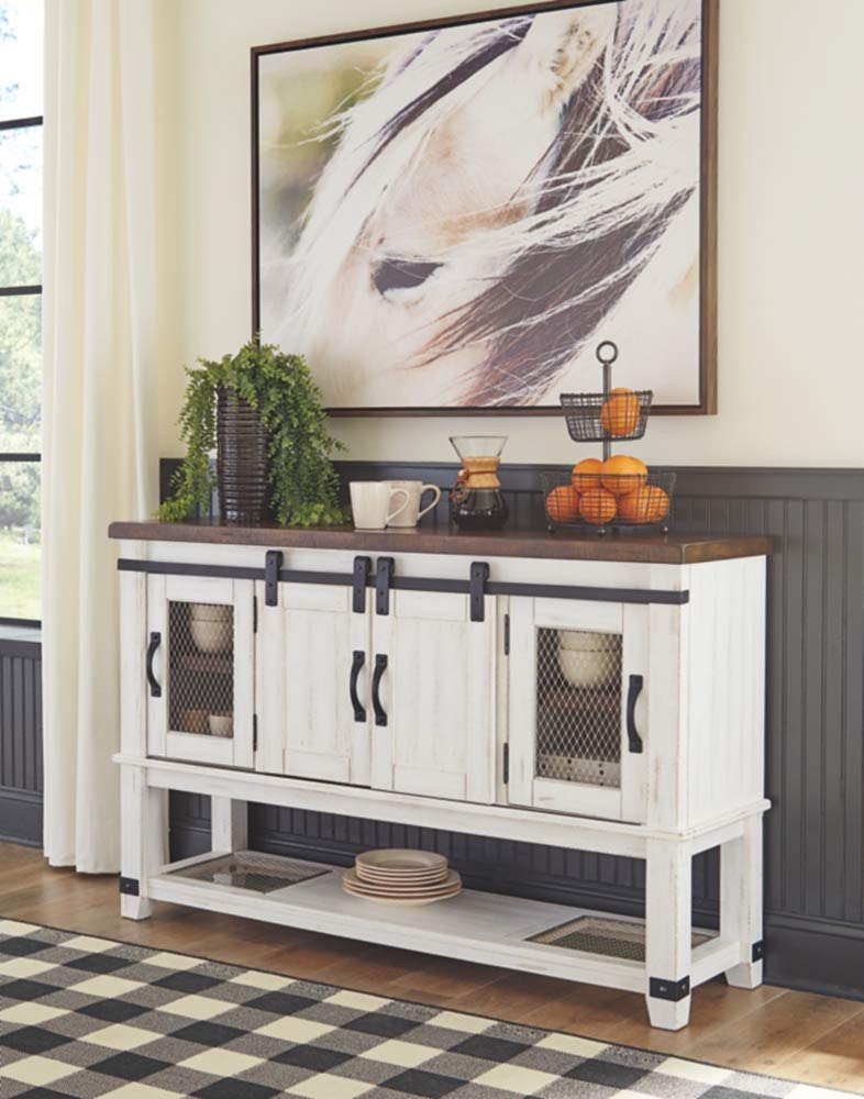 【Furniture】Valebeck Farmhouse Dining-Room Server or Buffet, White & Brown