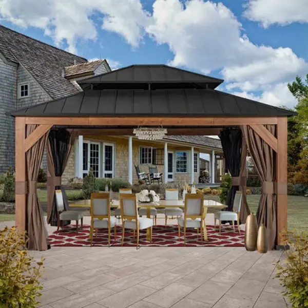 【Gazebo】13'x15' Cedar Wood Gazebo, Outdoor Double Roof Hardtop Gazebo