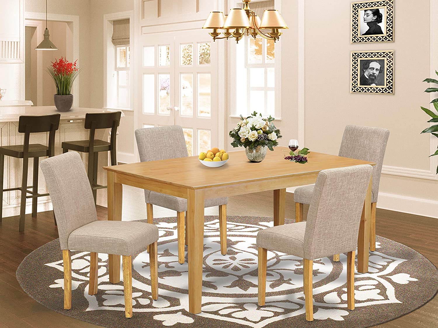East West Furniture CAAB7-OAK-55 7Pc Rectangle 60" Dining Table And 6 Parson Chair With Oak Leg And Pu Leather Color Oasis, 7 Pieces