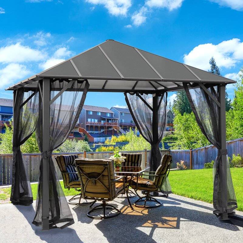 【Gazebo】【BS】10x10 ft Hardtop Gazebo, Outdoor Canopy Gazebo with Netting & Shaded Curtains for Patio